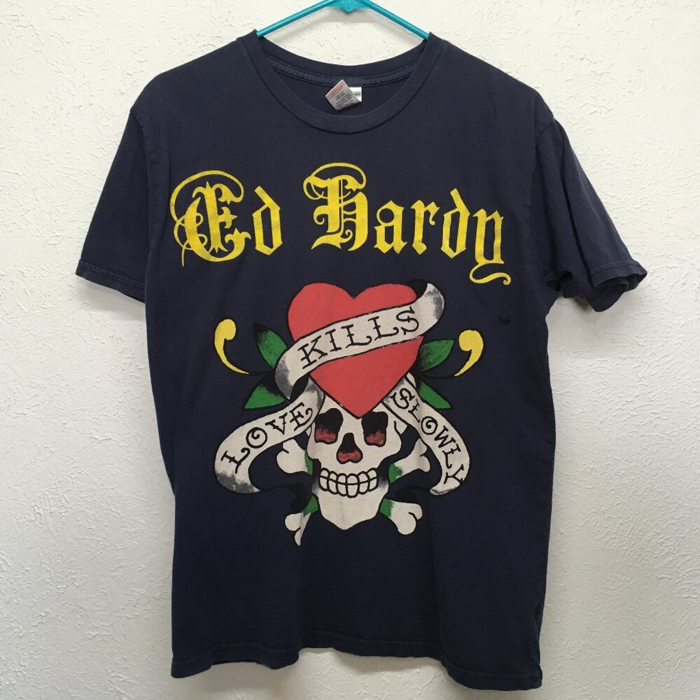 VTG Ed Hardy Graphic T-Shirt Mens S Blue Skull Love Kills Flocked Cotton Y2K USA
